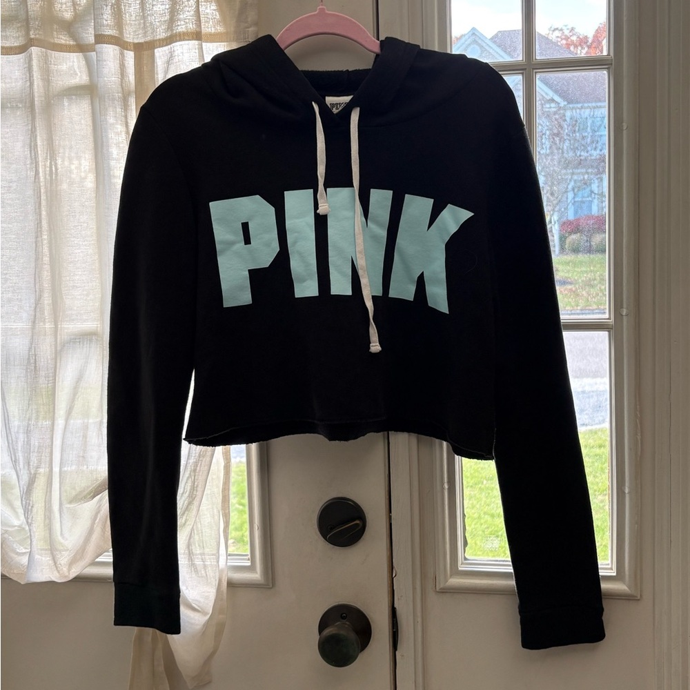 Black Cropped Hoodie Sweatshirt with PINK Logo in Aqua Blue ~ Medium